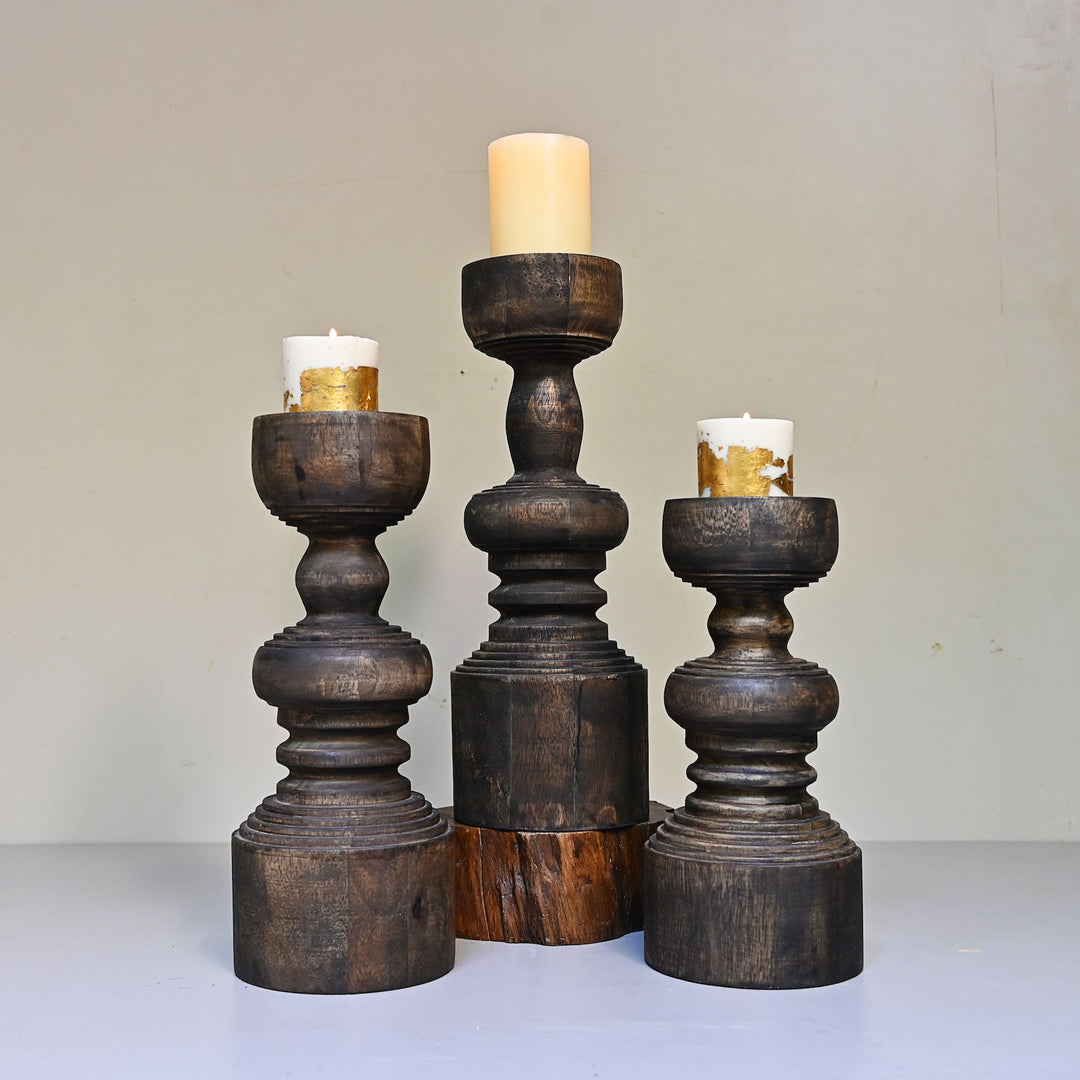 Wood Pillar Candlestand Set
