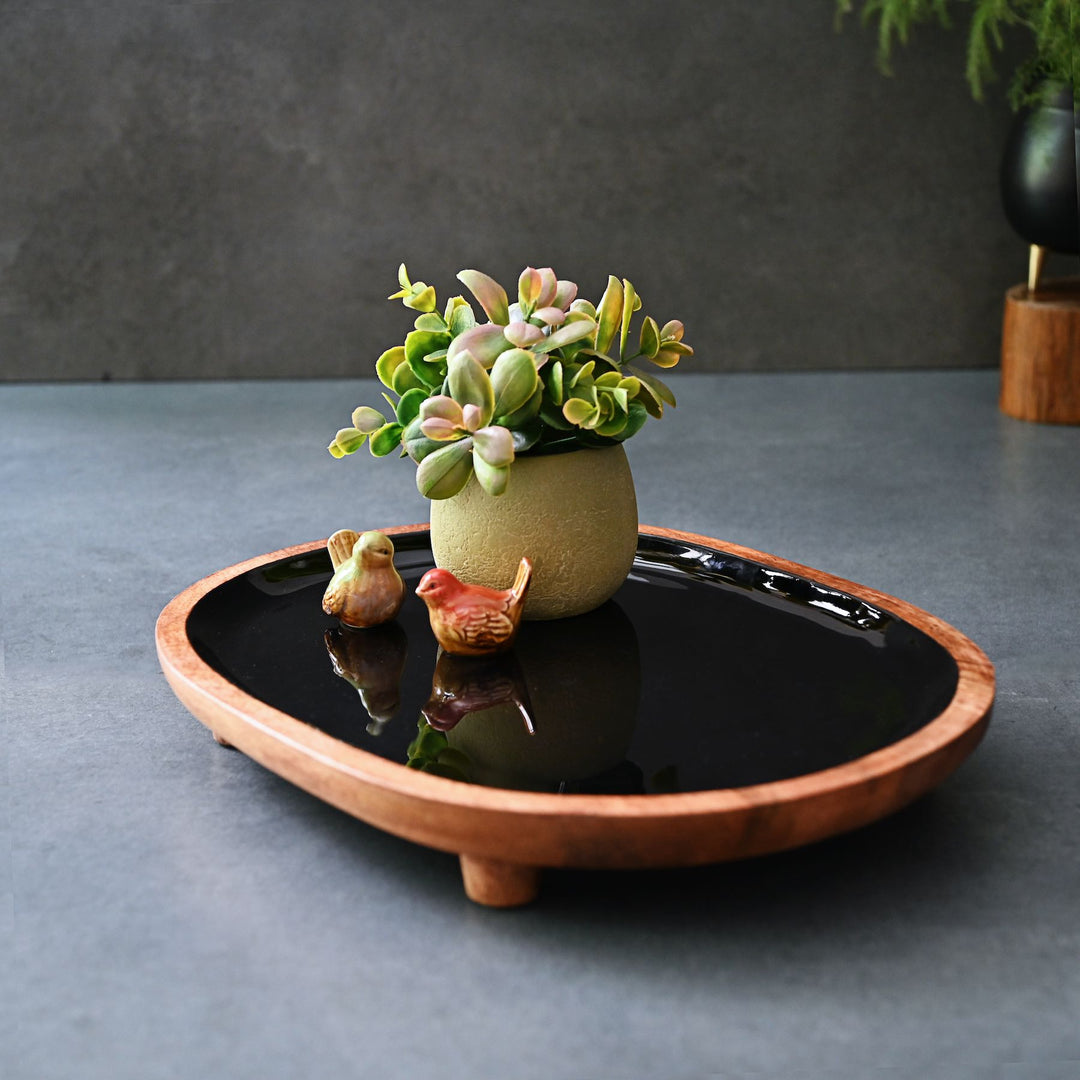 black display tray with wooden legs