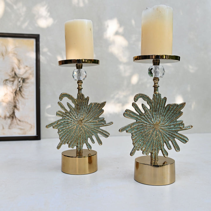 green floral candlestand pair