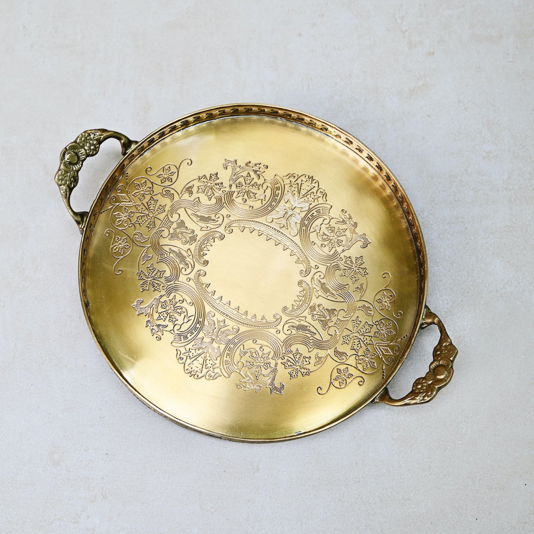 Decorative antique gold tray with  with etched detailing and side handles