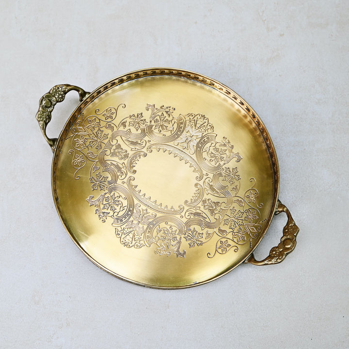 Decorative antique gold tray with  with etched detailing and side handles