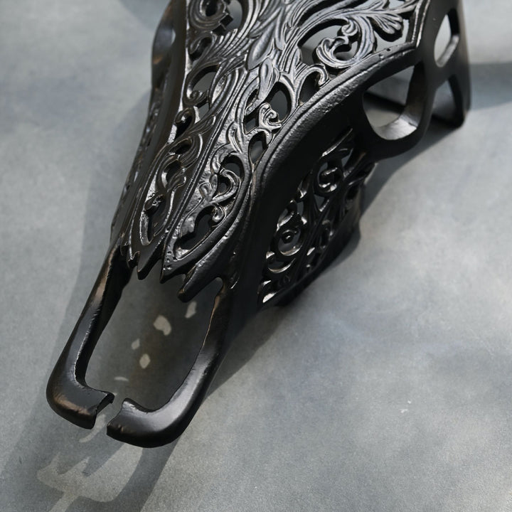 carved black horn steer wall sculpture