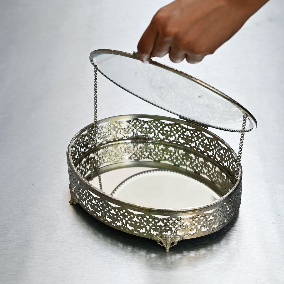 Large silver-finish glass oval box with brass edges and glass lid