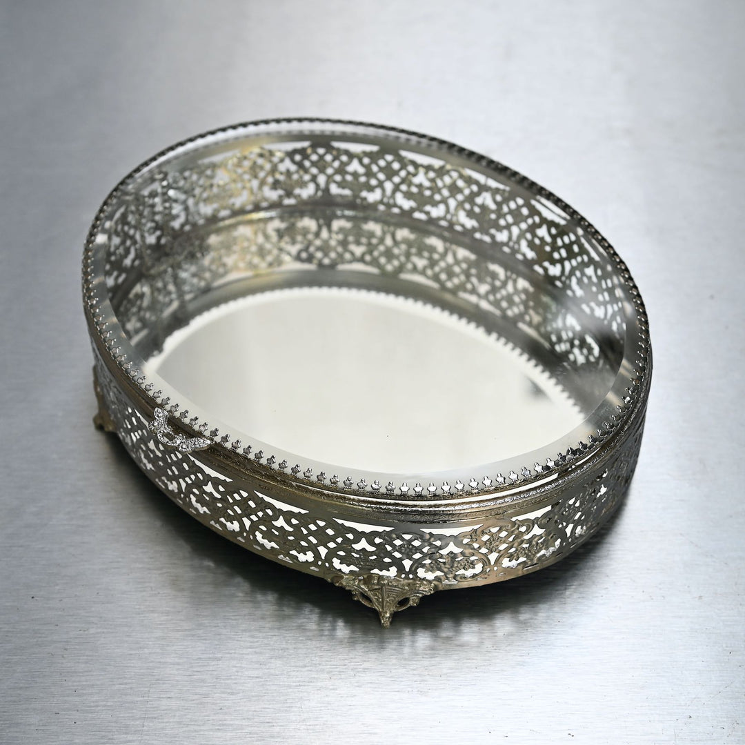 Large silver-finish glass oval box with brass edges and glass lid