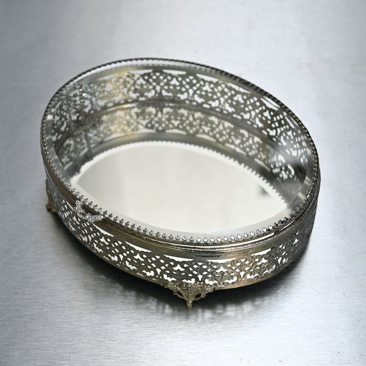 Large silver-finish glass oval box with brass edges and glass lid