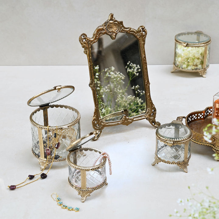 small golden tabletop vanity mirror