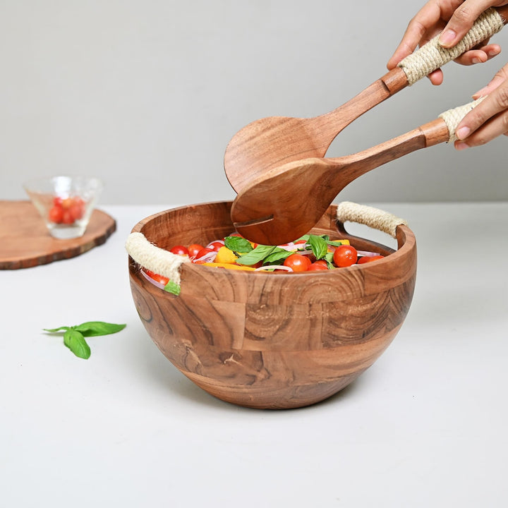 wooden salad bowl with spoon & fork