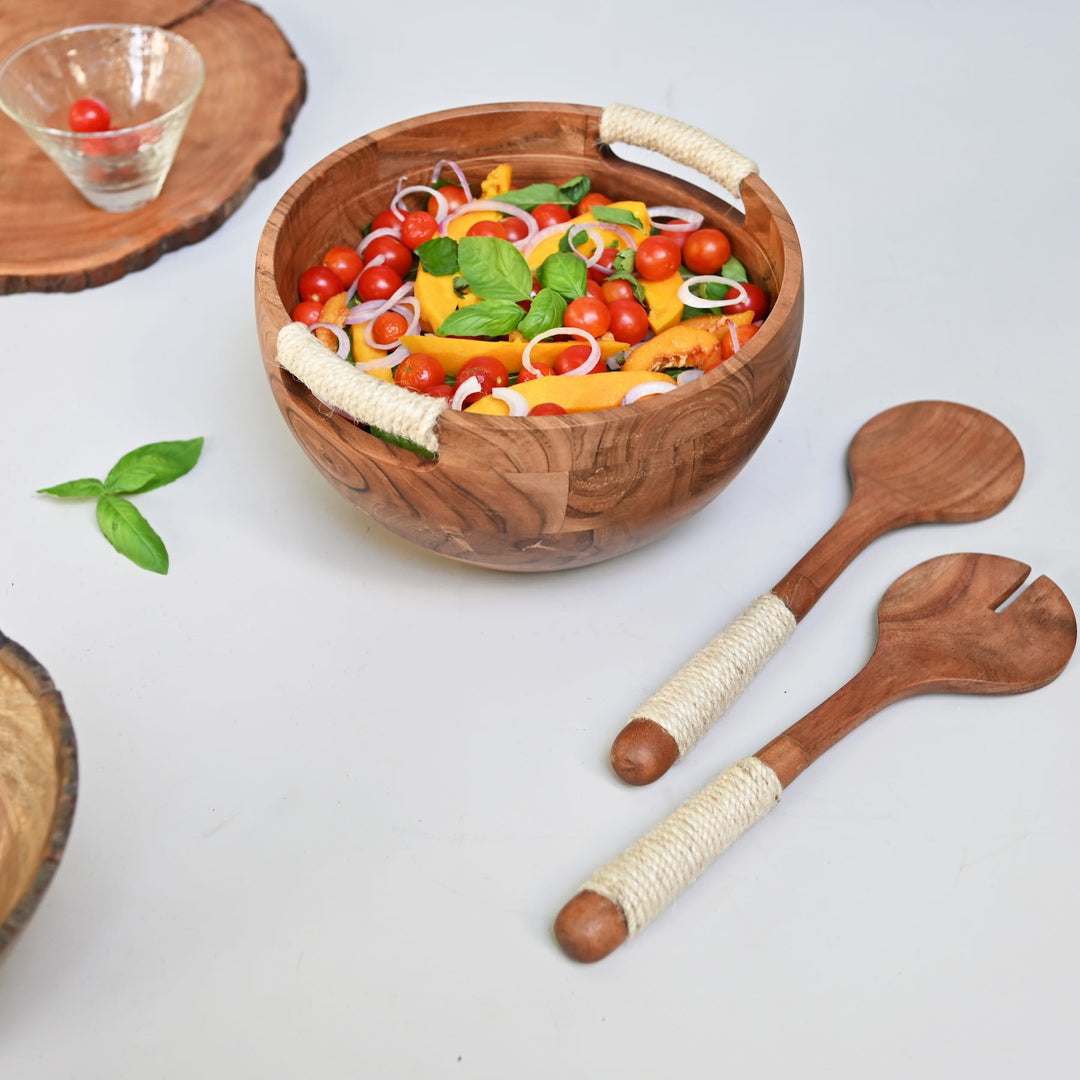 wooden salad bowl with spoon & fork