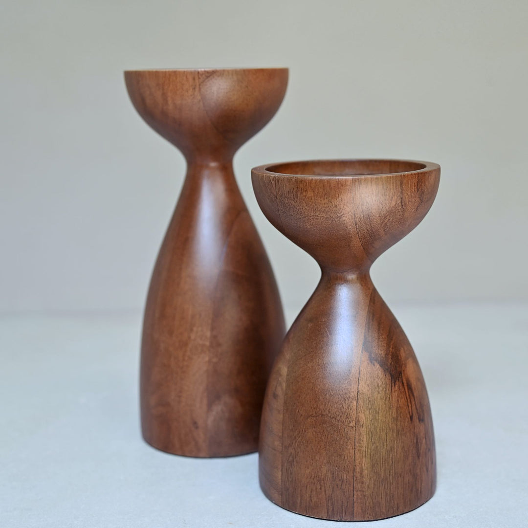 wooden pillar candle holder pair