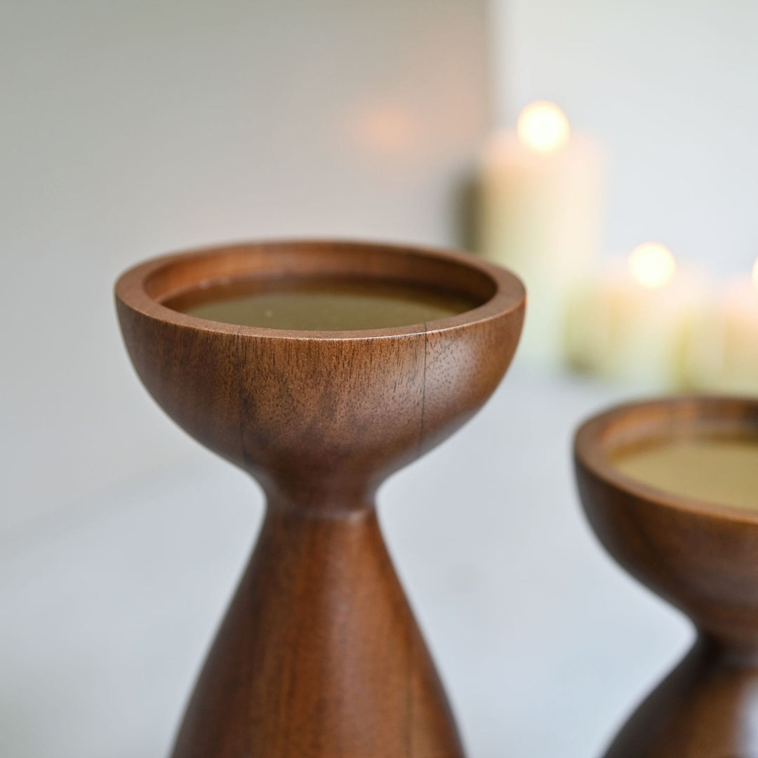 wooden pillar candle holder pair