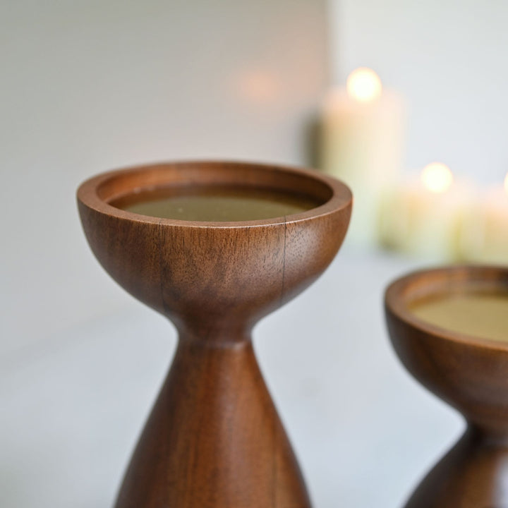 wooden pillar candle holder pair