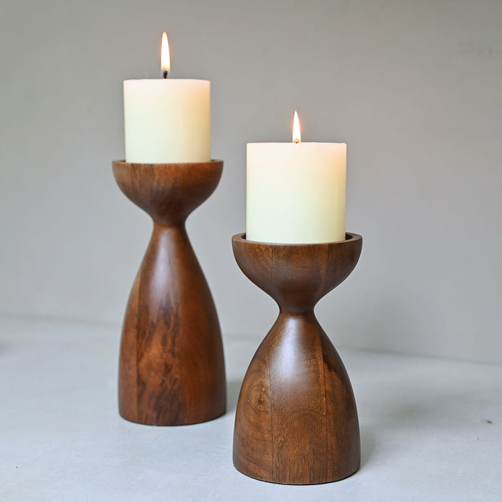 wooden pillar candle holder pair