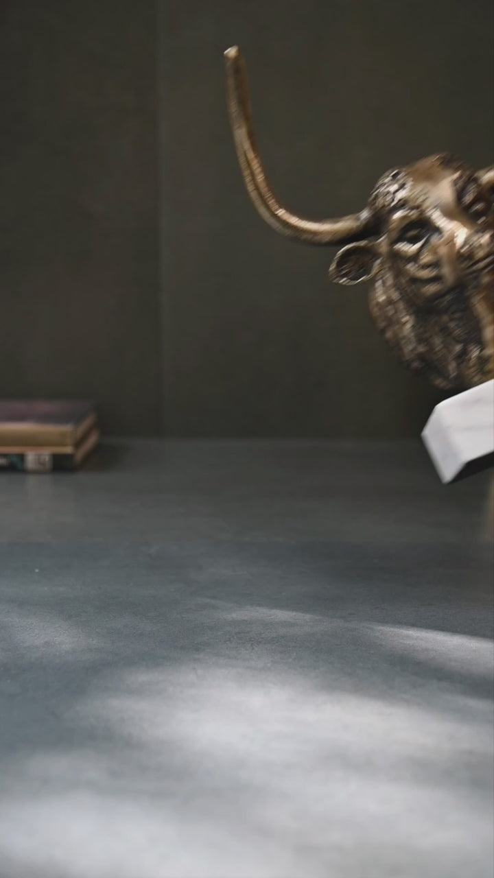 Antique brass bull head sculpture with marble base