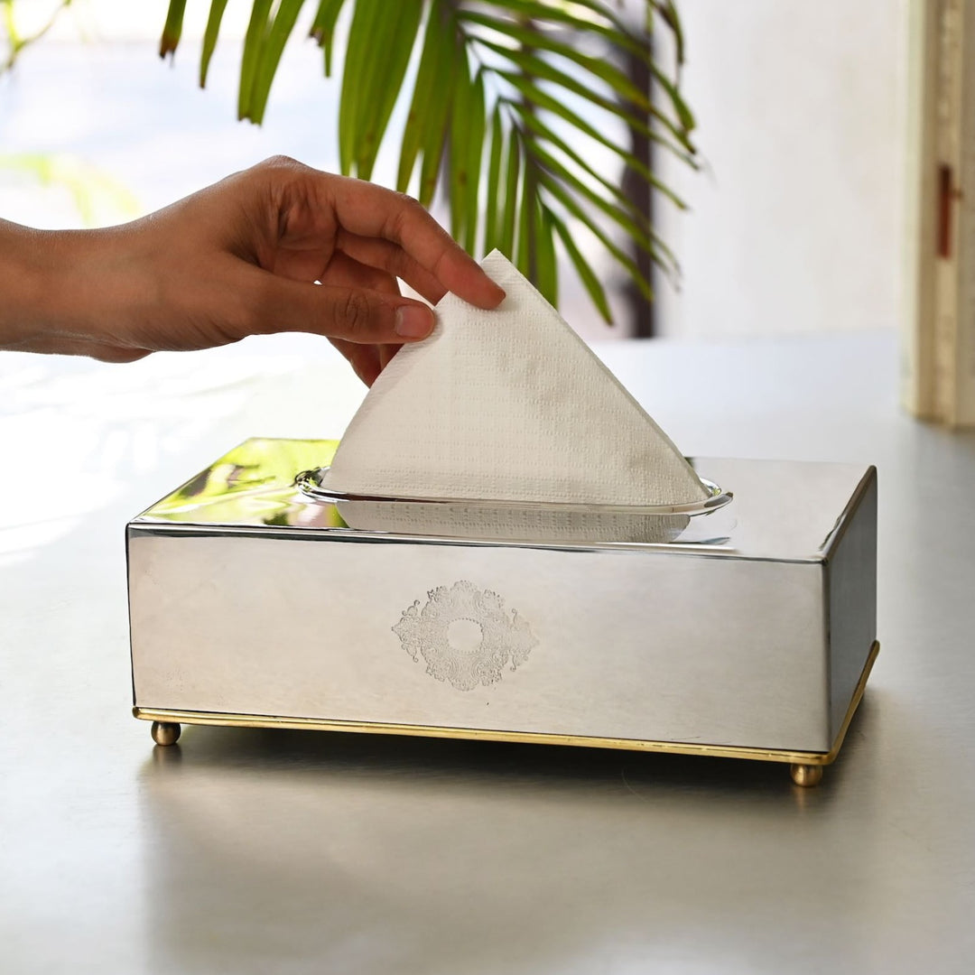 brass and steel tissue box