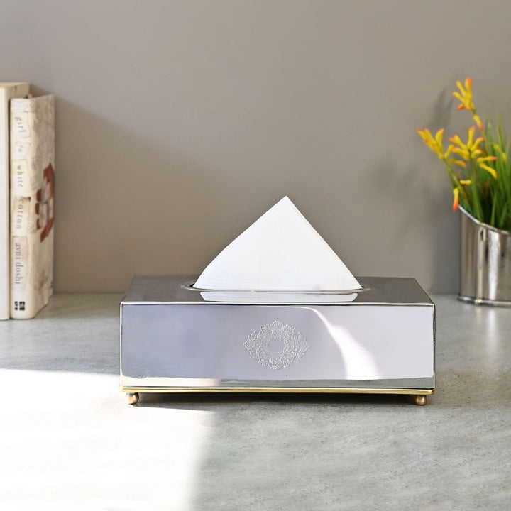 brass and steel tissue box