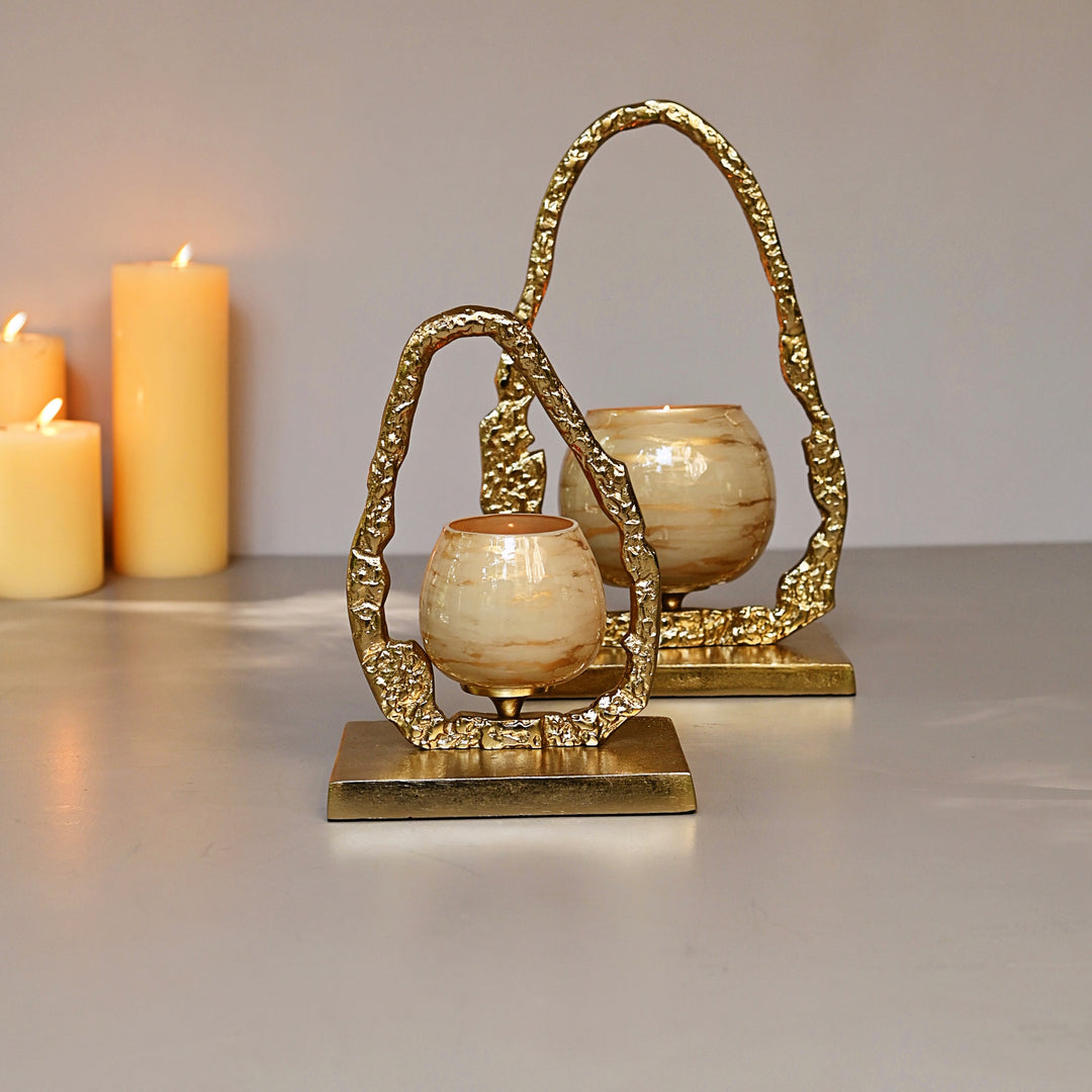 golden glass candle holder pair with handle