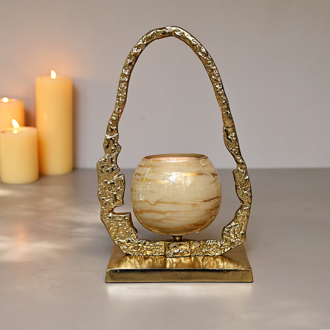 golden glass candle holder pair with handle