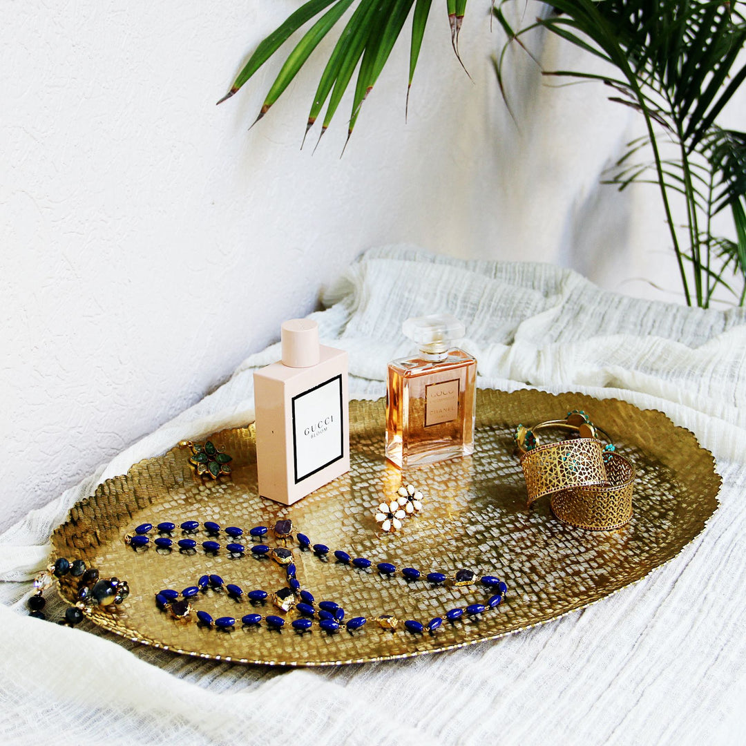 gold oval metal decorative tray