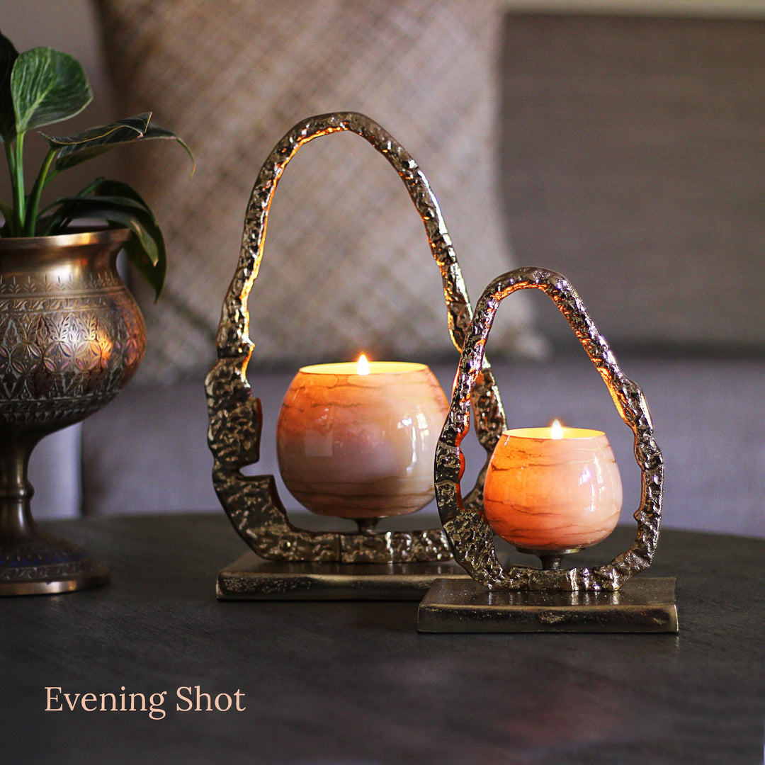 golden glass candle holder pair with handle