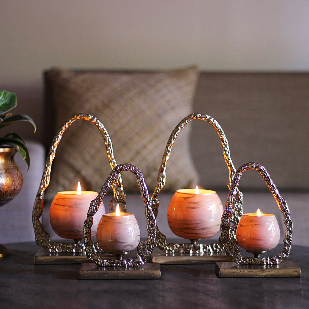 golden glass candle holder pair with handle