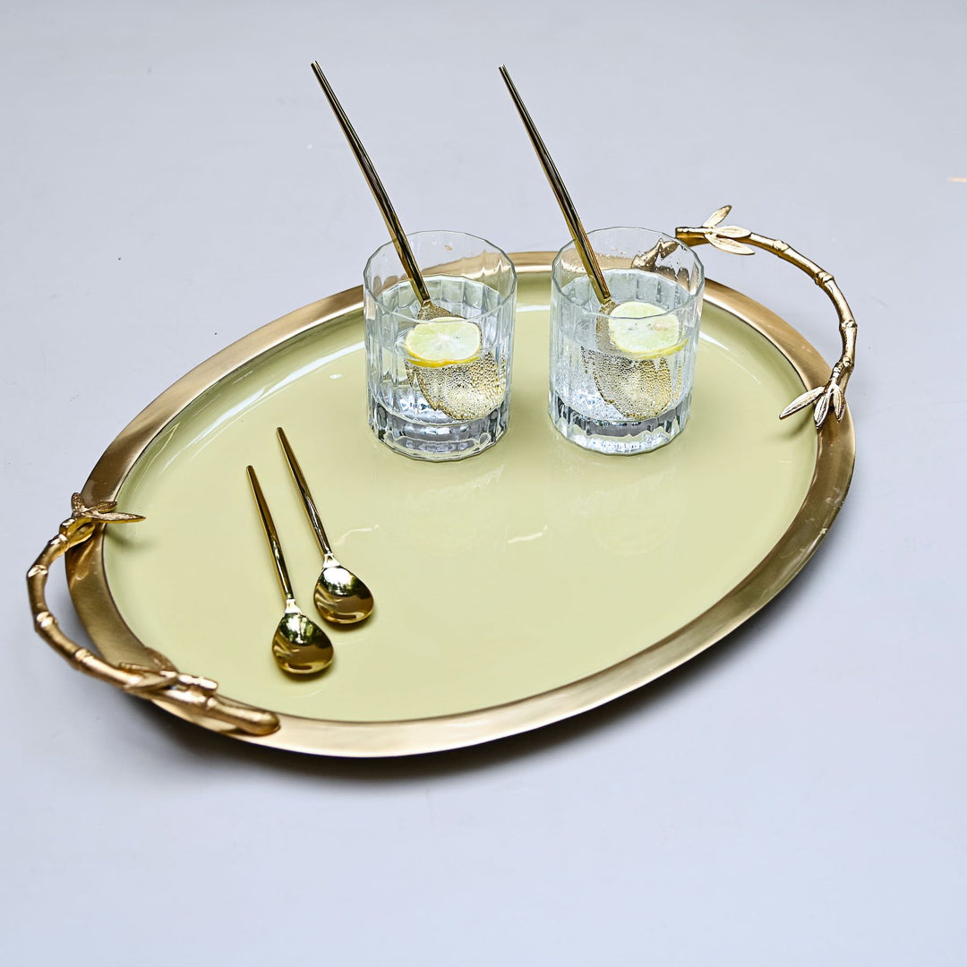 gold & green oval tray with handles