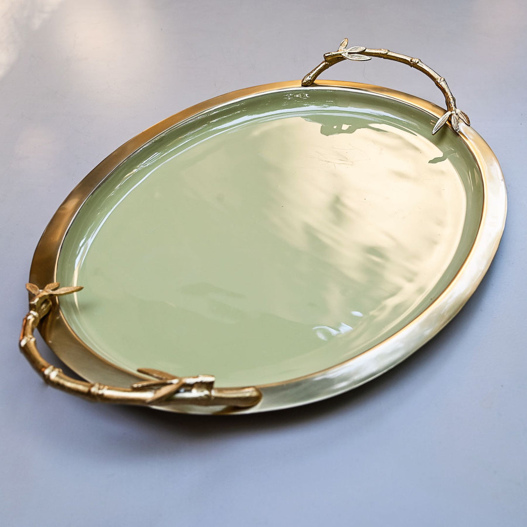 gold & green oval tray with handles