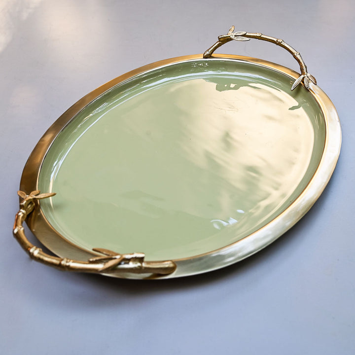 gold & green oval tray with handles