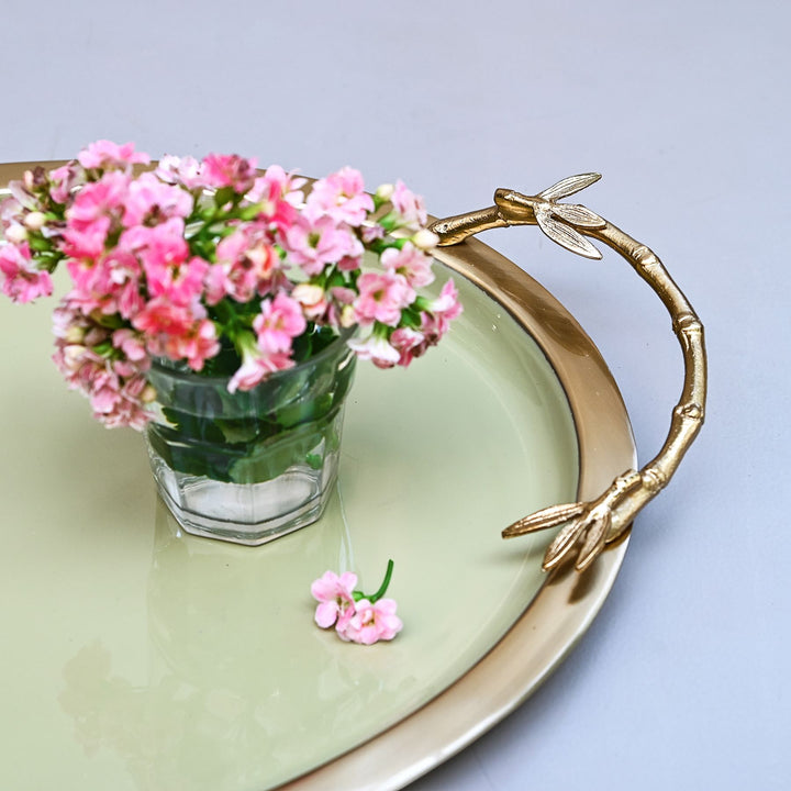 gold & green oval tray with handles