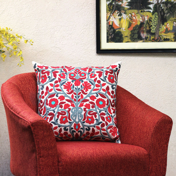 embroidered pink floral cushion cover