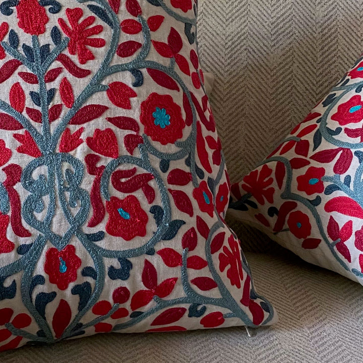 embroidered pink floral cushion cover
