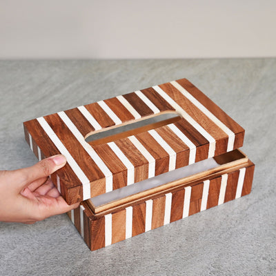 wooden tissue box with stripes