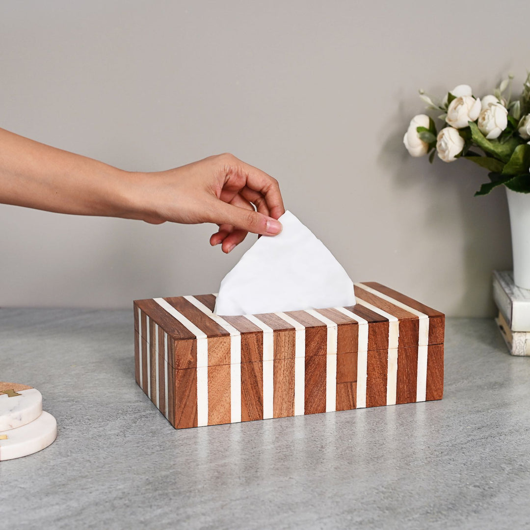 wooden tissue box with stripes