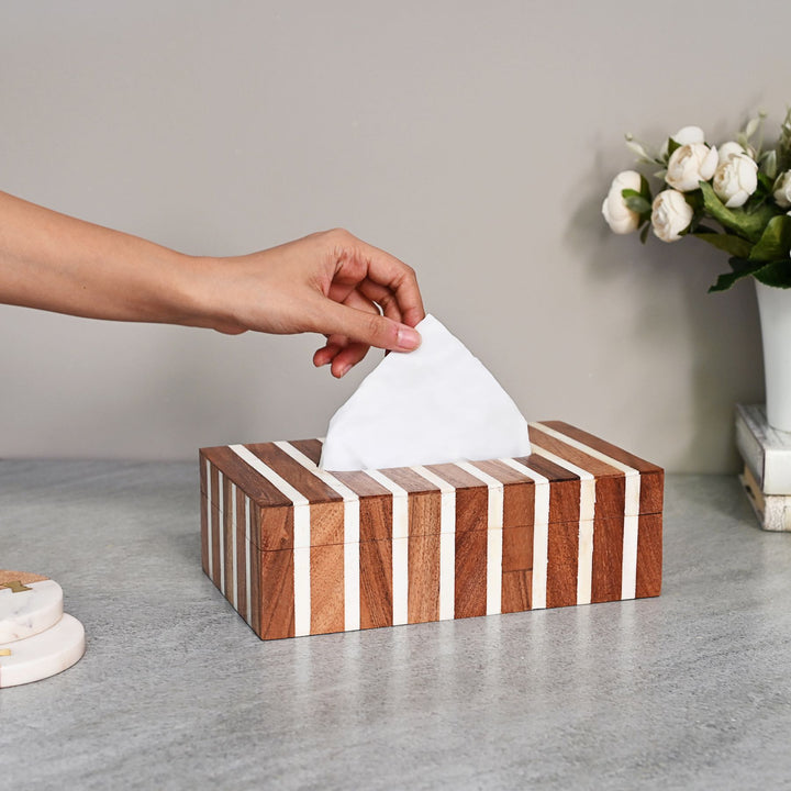 wooden tissue box with stripes