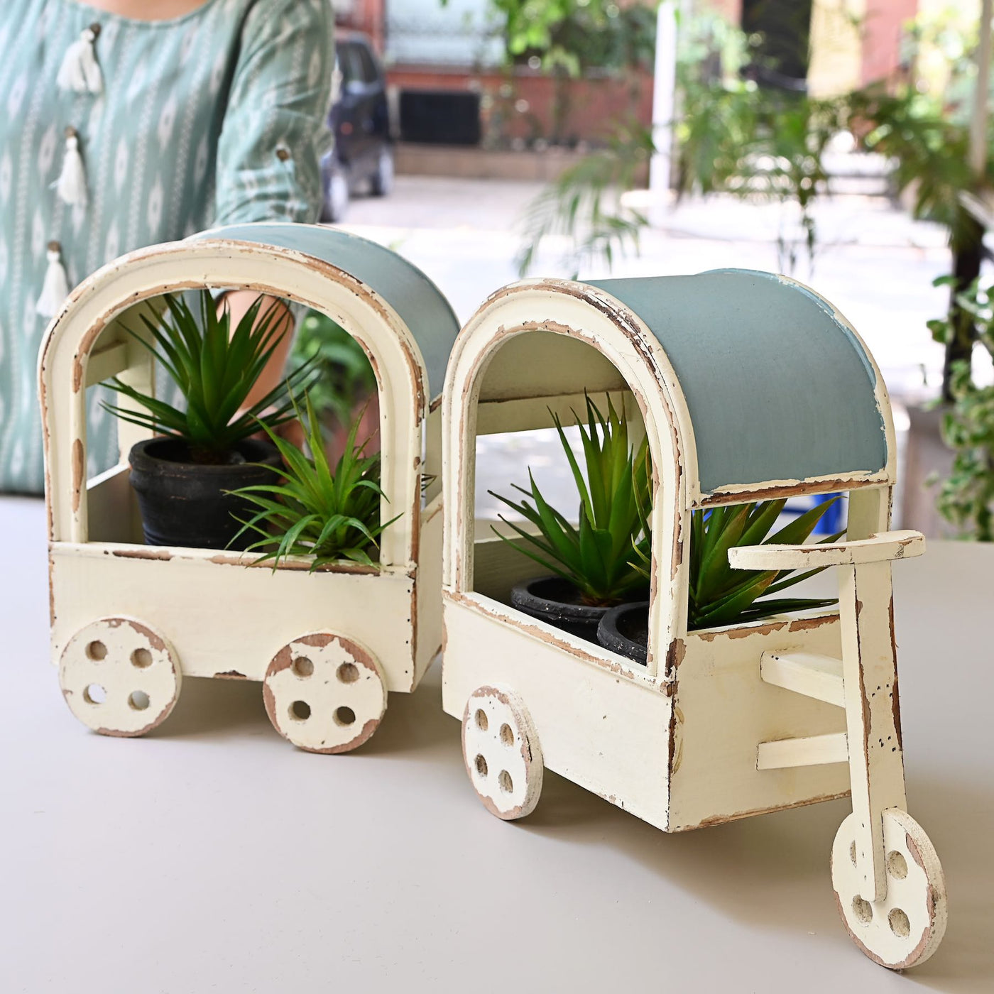 wooden cart shaped decorative planter
