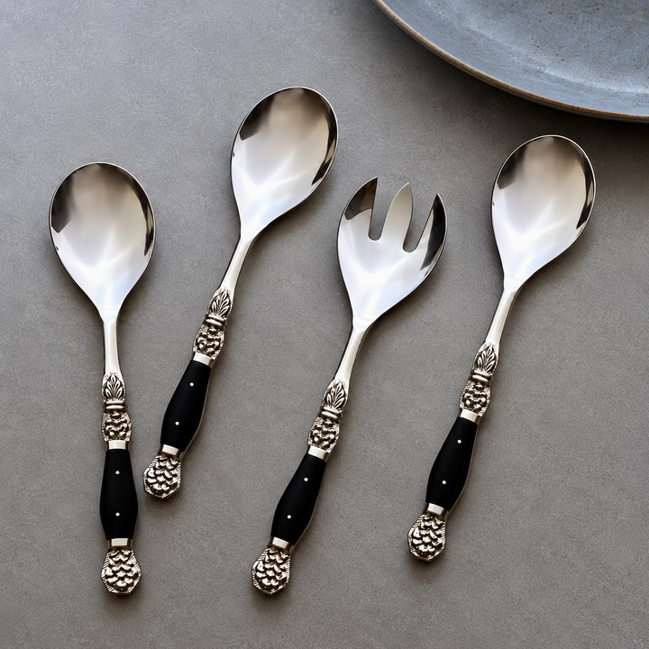Windsor serving cutlery set of four: three spoons and one fork with black resin-inlaid handles in a staggered arrangement.