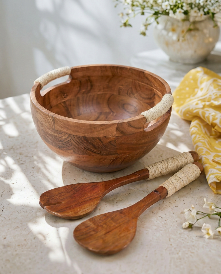Wood Salad Bowl with Spoon & Fork