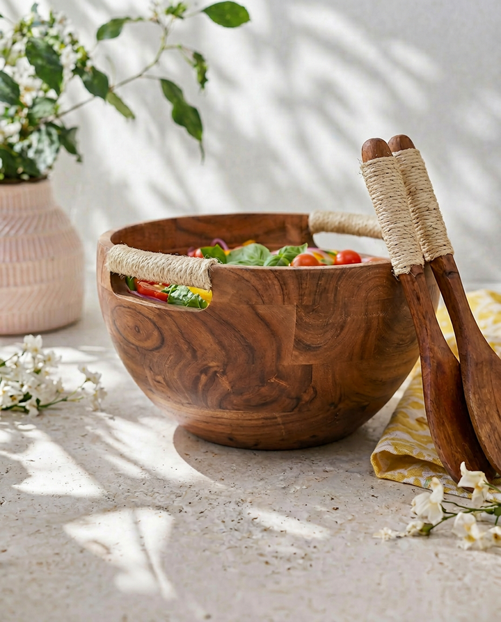 Wood Salad Bowl with Spoon & Fork