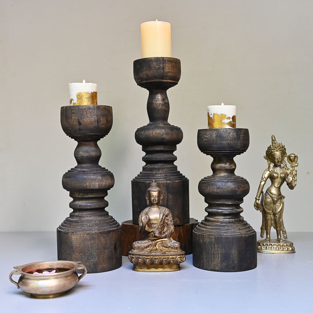 Wood Pillar Candlestand Set