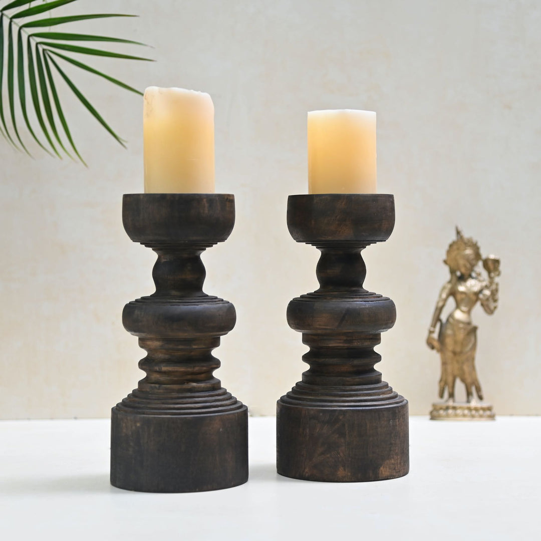 Antique Wood Pillar Candlestand Set of 3