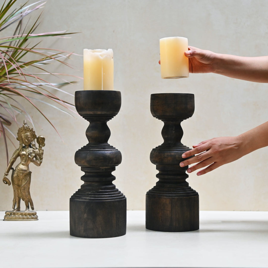 Antique Wood Pillar Candlestand Set of 3