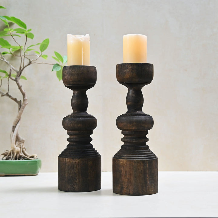 Antique Wood Pillar Candlestand Set of 3