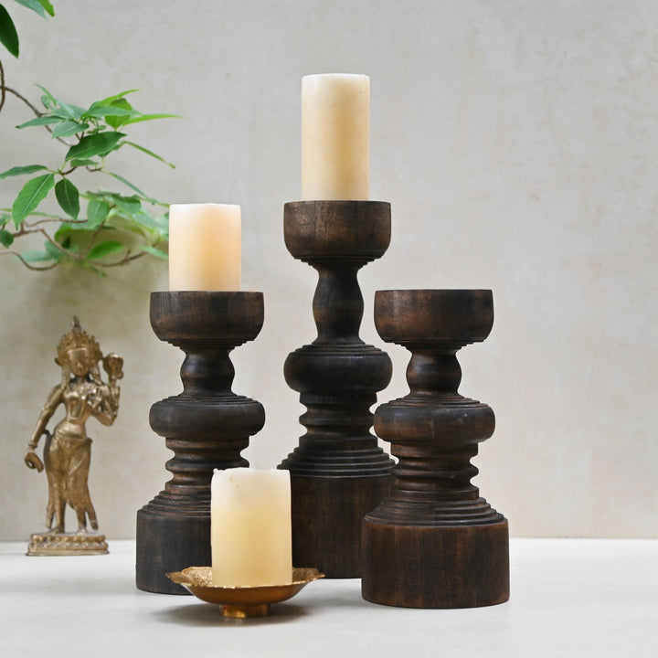 Antique Wood Pillar Candlestand Set of 3