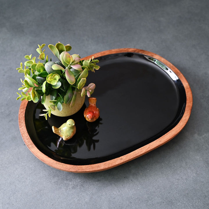 black display tray with wooden legs