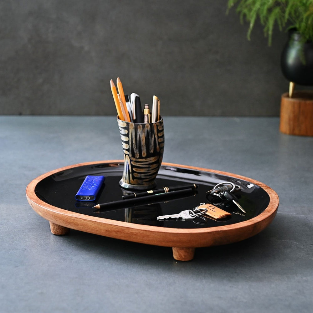 black display tray with wooden legs