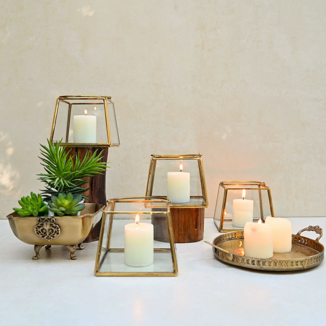 glass tapered lantern with brass handle