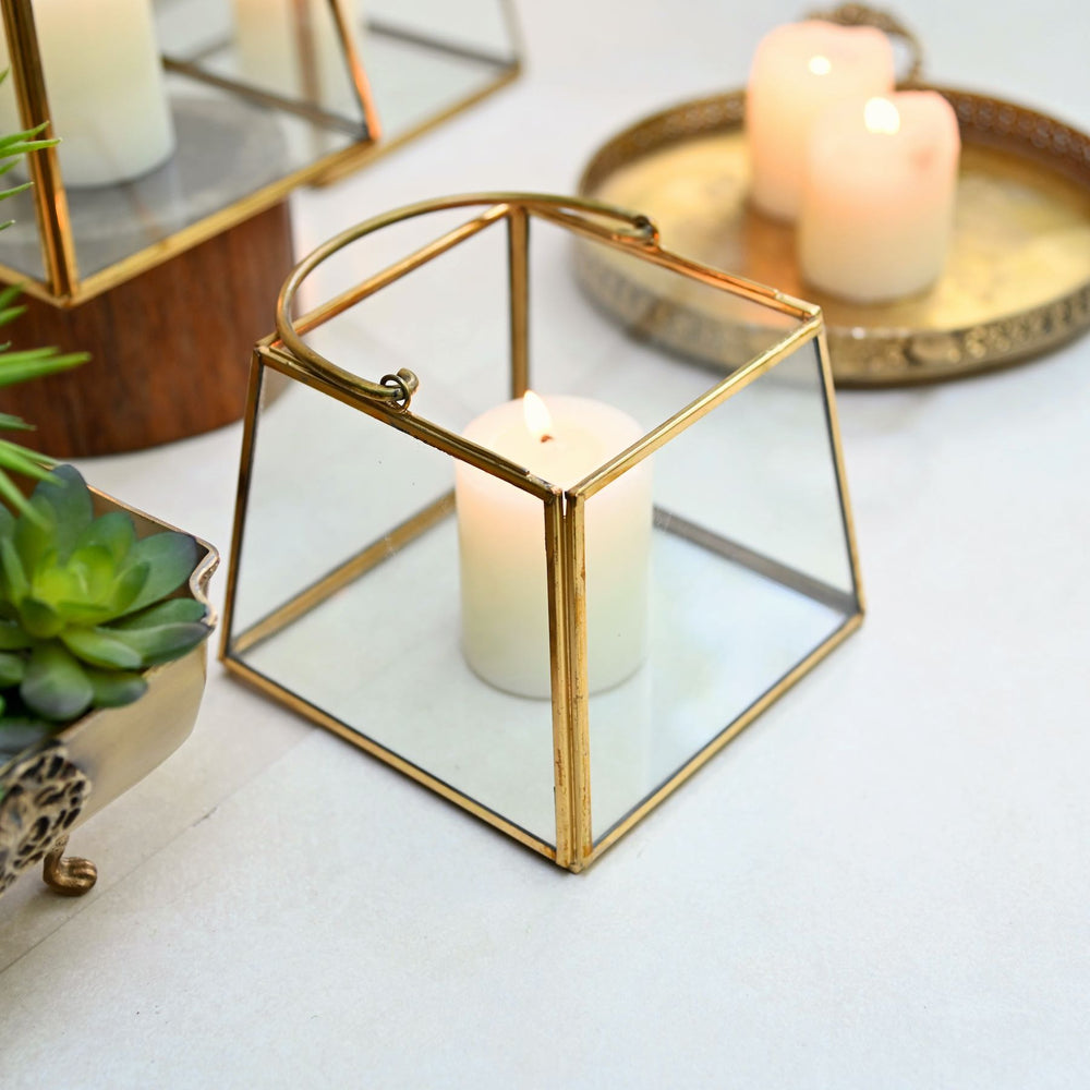 glass tapered lantern with brass handle