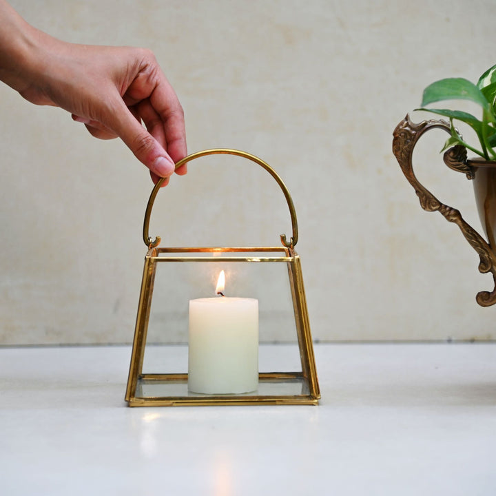 glass tapered lantern with brass handle