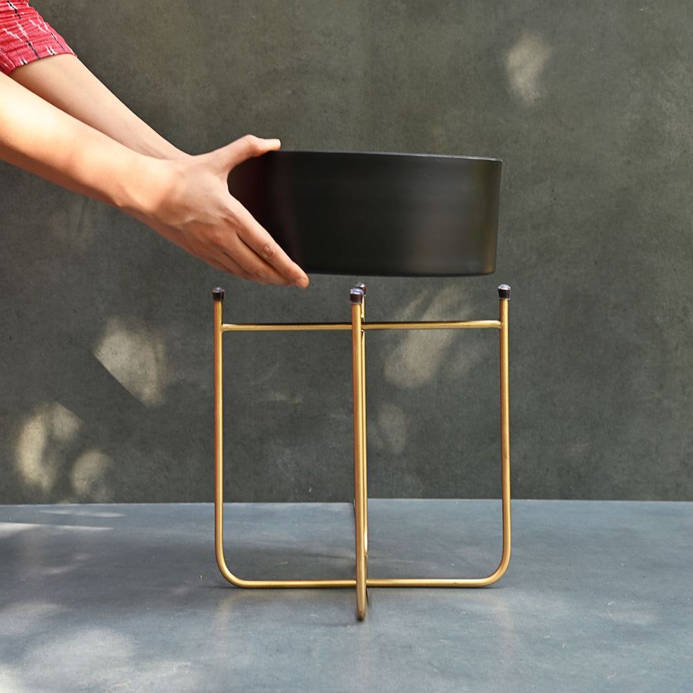 black metal planters with gold stand