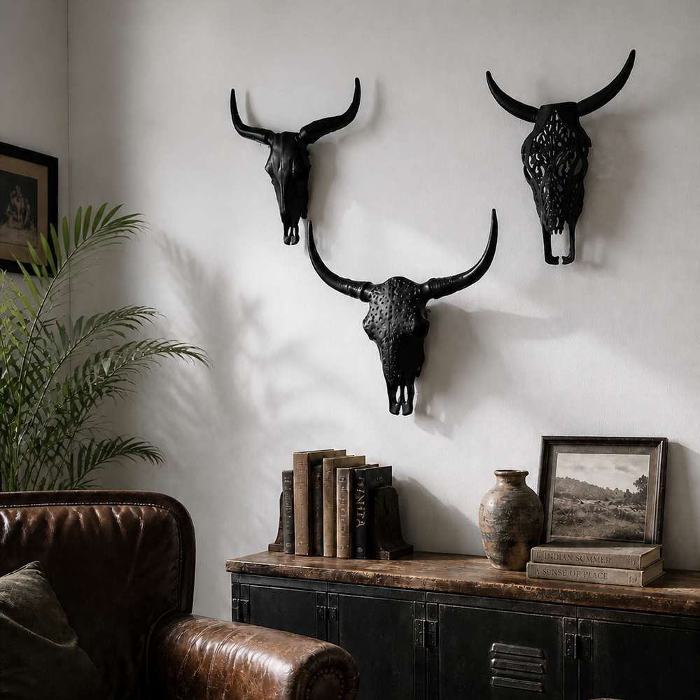 Living room with leather sofa, wooden coffee table, and bull skull wall art.