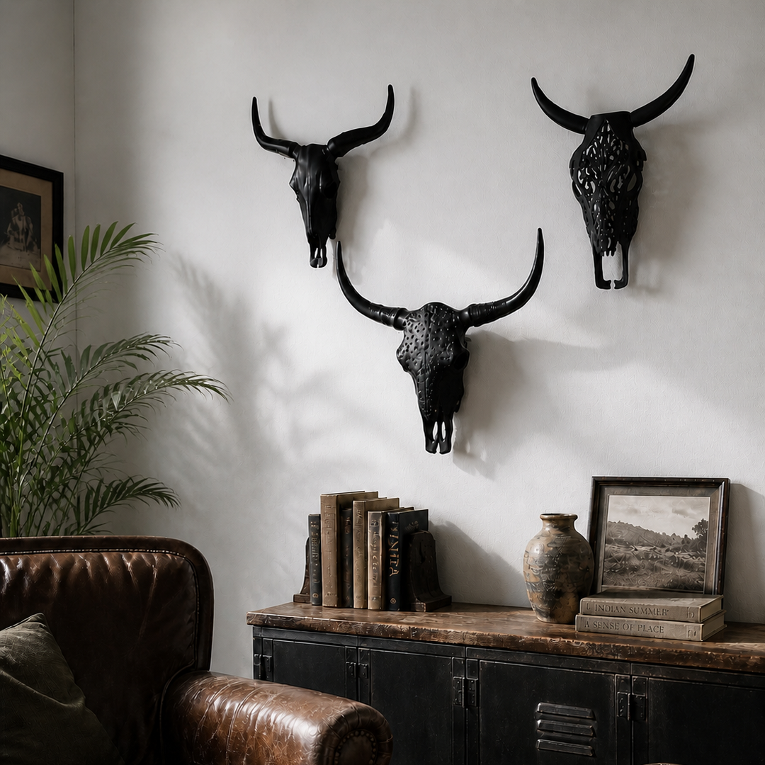 Living room with leather sofa, wooden coffee table, and bull skull wall art.